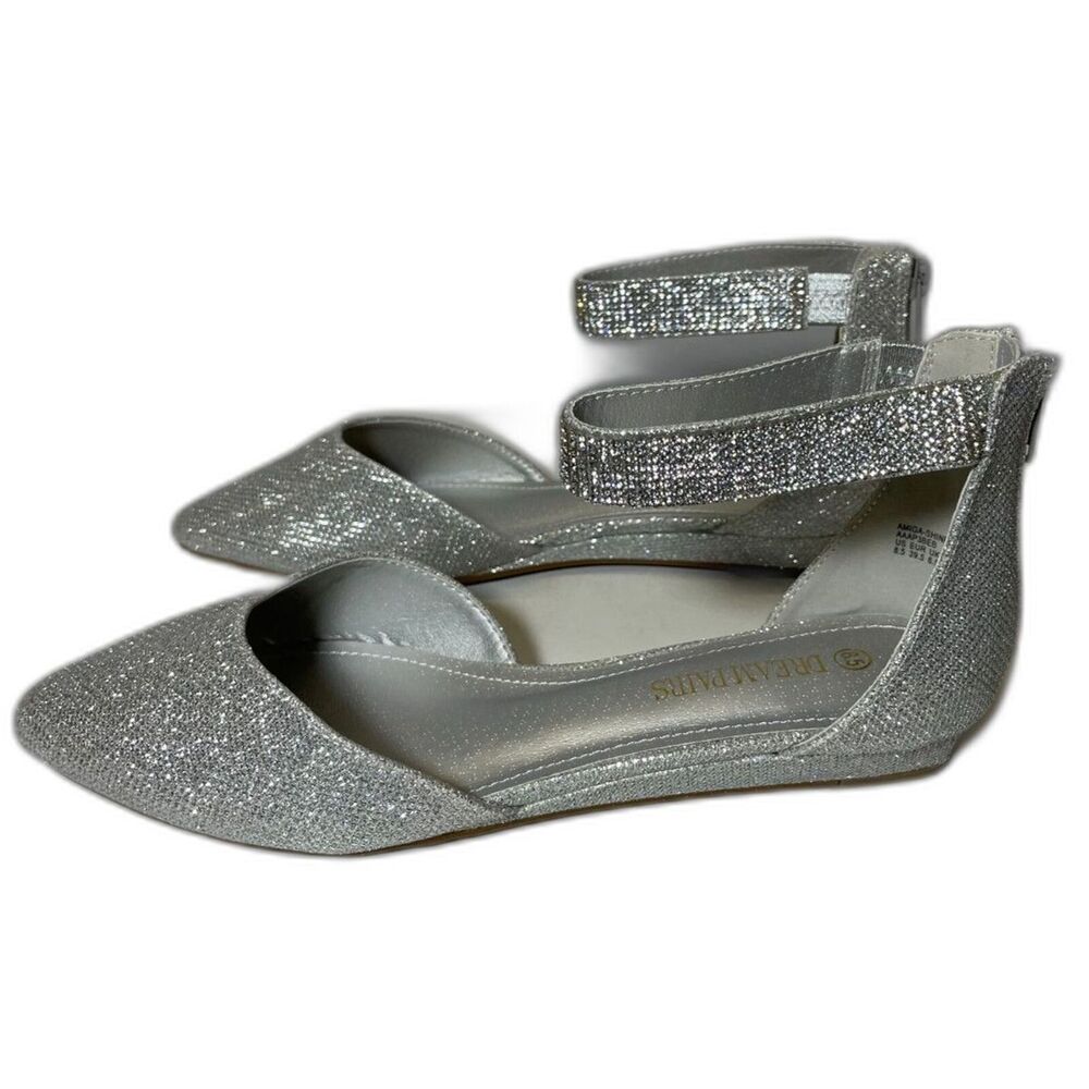 DREAM PAIRS Amiga Wedge Ankle Strap Flats - Women's 8.5 - Silver Glitter